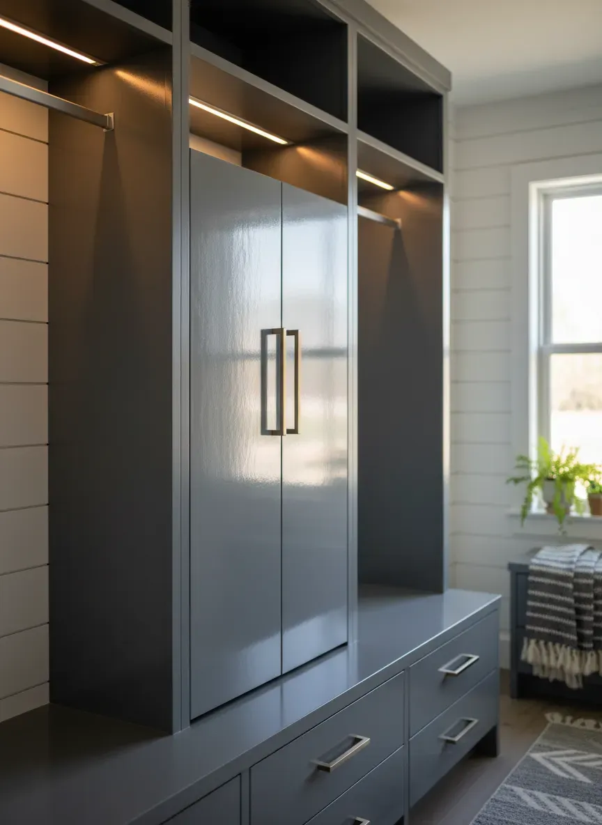 Modern mudroom locker with glossy finish showing lighting reflection issues