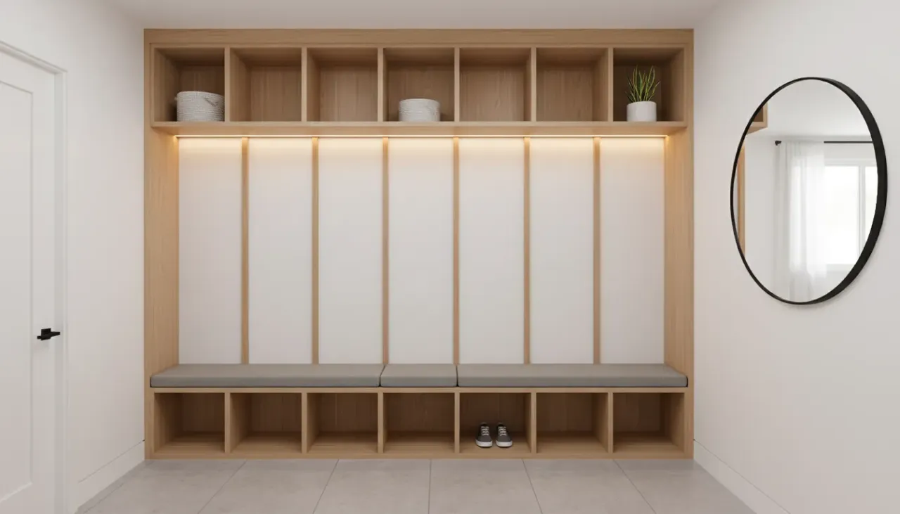 A sleek, white modern mudroom locker system integrated seamlessly into a minimalist hallway with warm wood flooring
