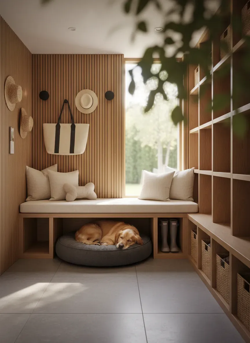 Stylish mudroom with designated dog bed area under bench