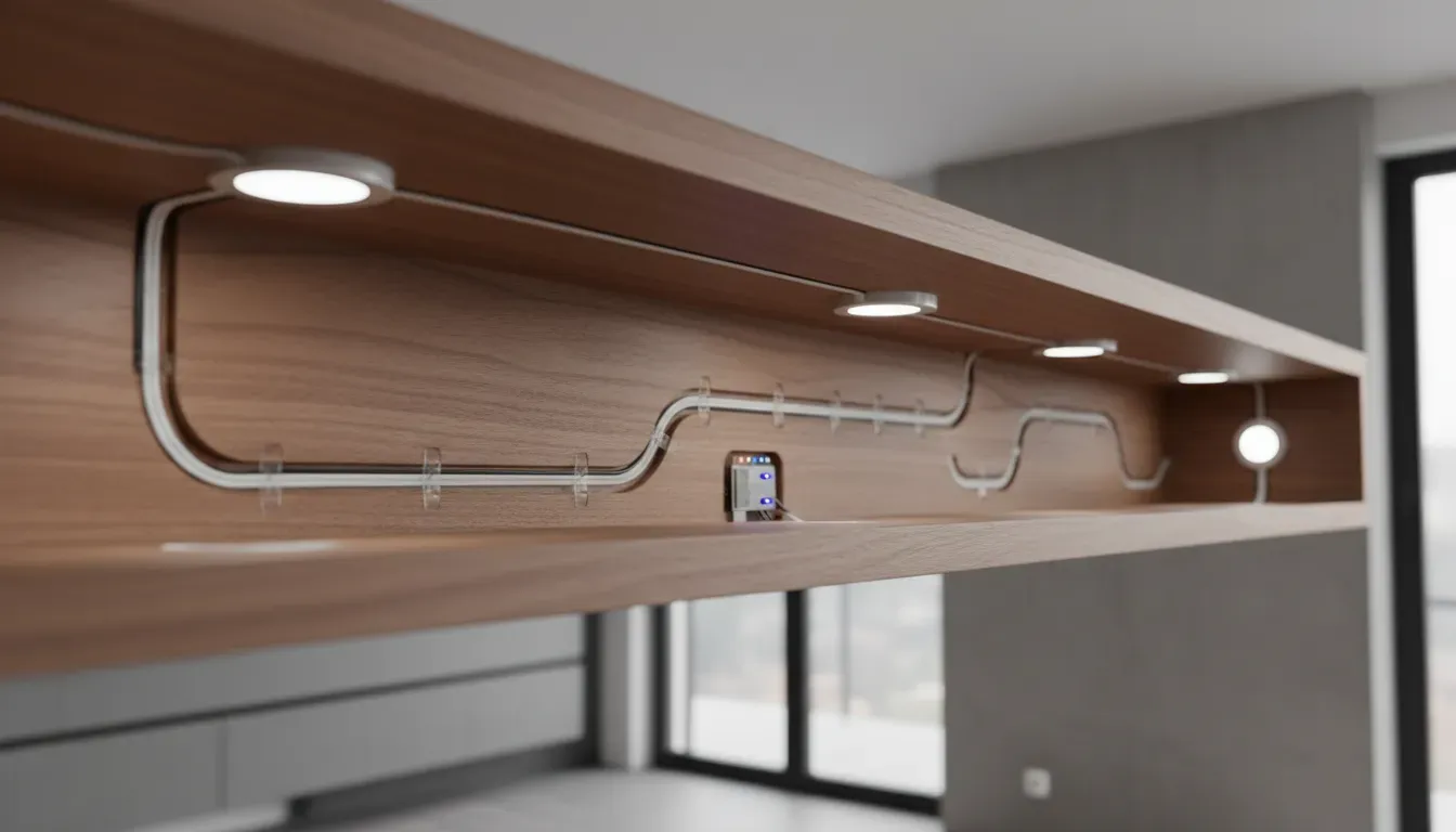 DIY woodworking project showing the underside of a shelf with routed channels for cables and embedded electronics