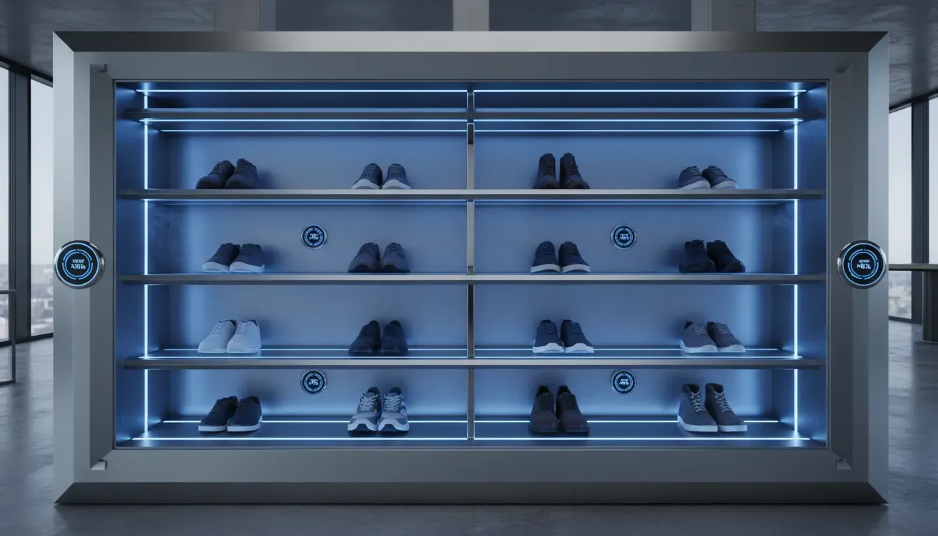Internal view of a high-tech shoe cabinet with blue LED lighting and climate control sensors