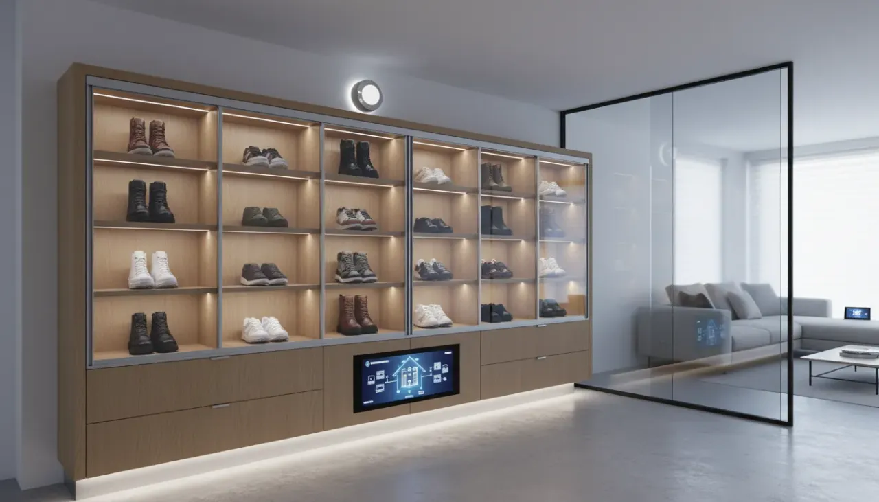 A sleek, modern entryway featuring a voice-activated motorized shoe cabinet integrated with smart home lighting.