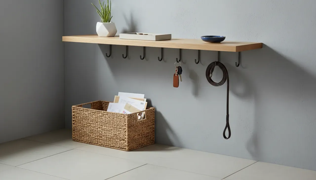 A organized entryway wall shelf with keys hanging on hooks and mail sorted into slots
