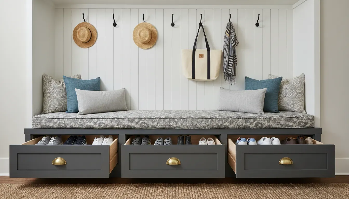 A built-in mudroom bench with shiplap backing, contrasting hooks, and pull-out drawers for shoe storage underneath