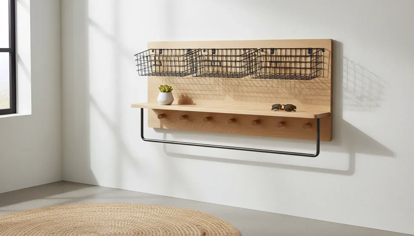 Modern minimalist wall mounted entryway organizer with metal wire racks and wooden accents