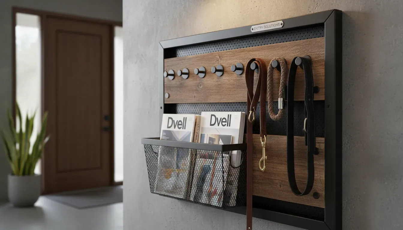 A detailed close up of a metal industrial style entryway organizer holding magazines and pet leashes