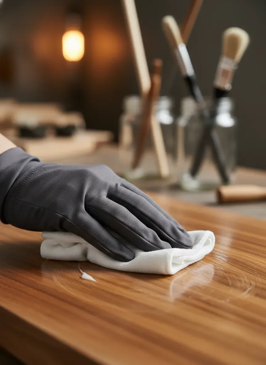 Close up of a hand applying wax to a wooden surface with a soft cloth