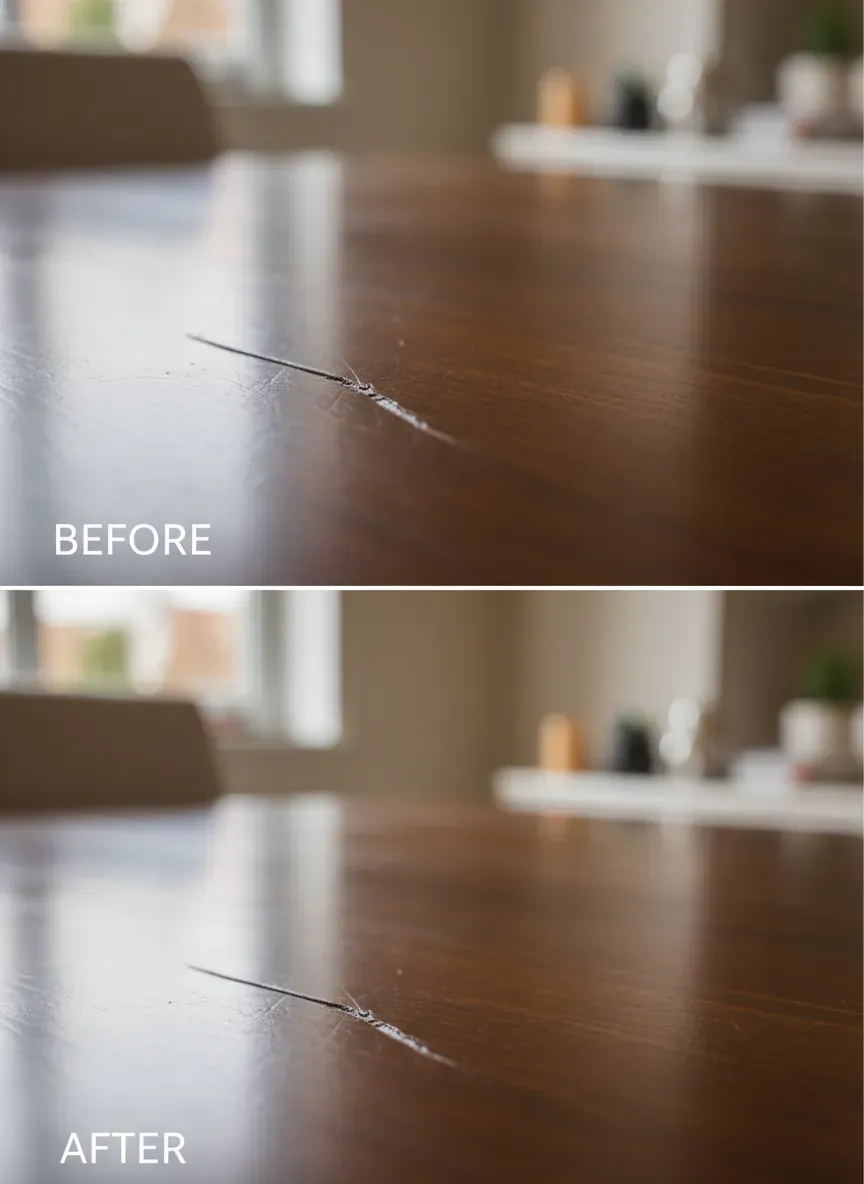 Before and after of a repaired scratch on a wooden table surface
