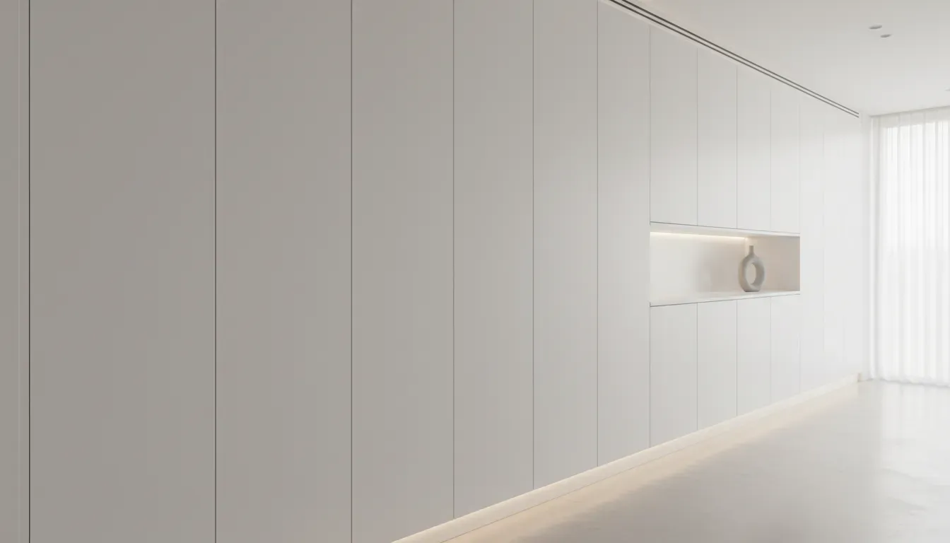 A seamless wall of white floor-to-ceiling cabinets in a hallway with push-to-open doors