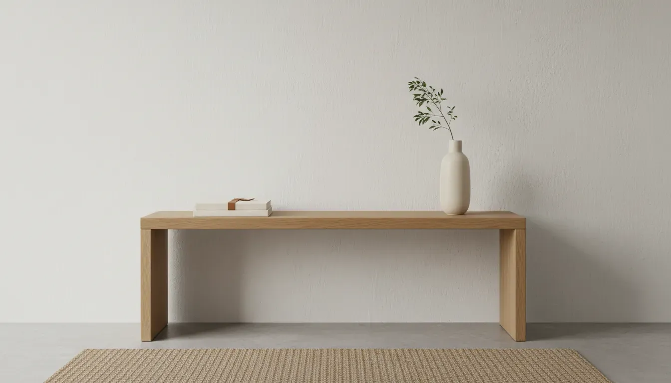 A perfectly styled minimalist entryway console with a vase and one book, showing no clutter