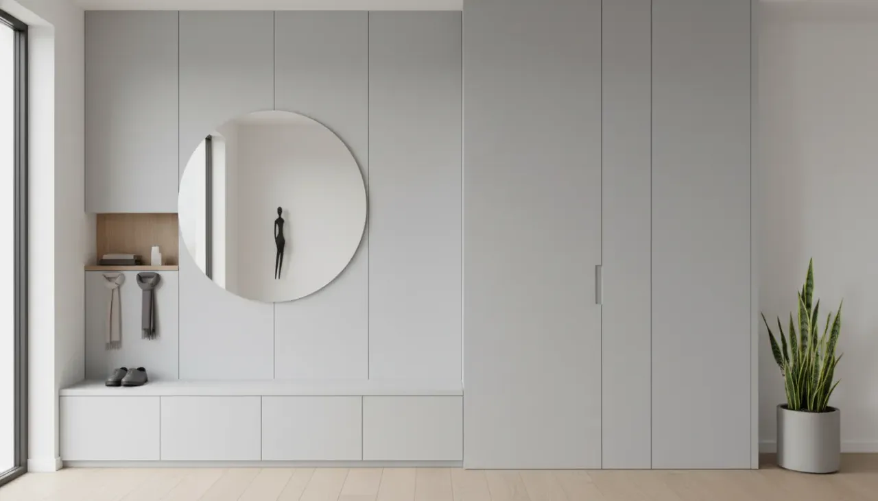 A pristine, minimalist entryway featuring seamless floor-to-ceiling white cabinetry and a floating console table with no visible clutter.