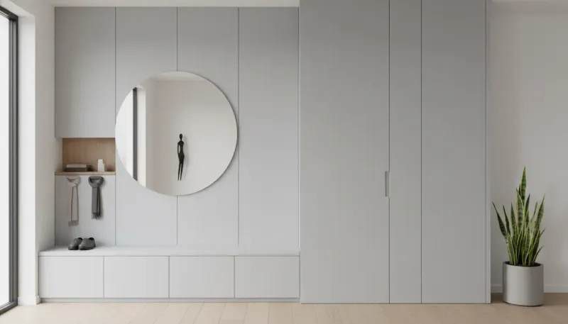 A pristine, minimalist entryway featuring seamless floor-to-ceiling white cabinetry and a floating console table with no visible clutter.