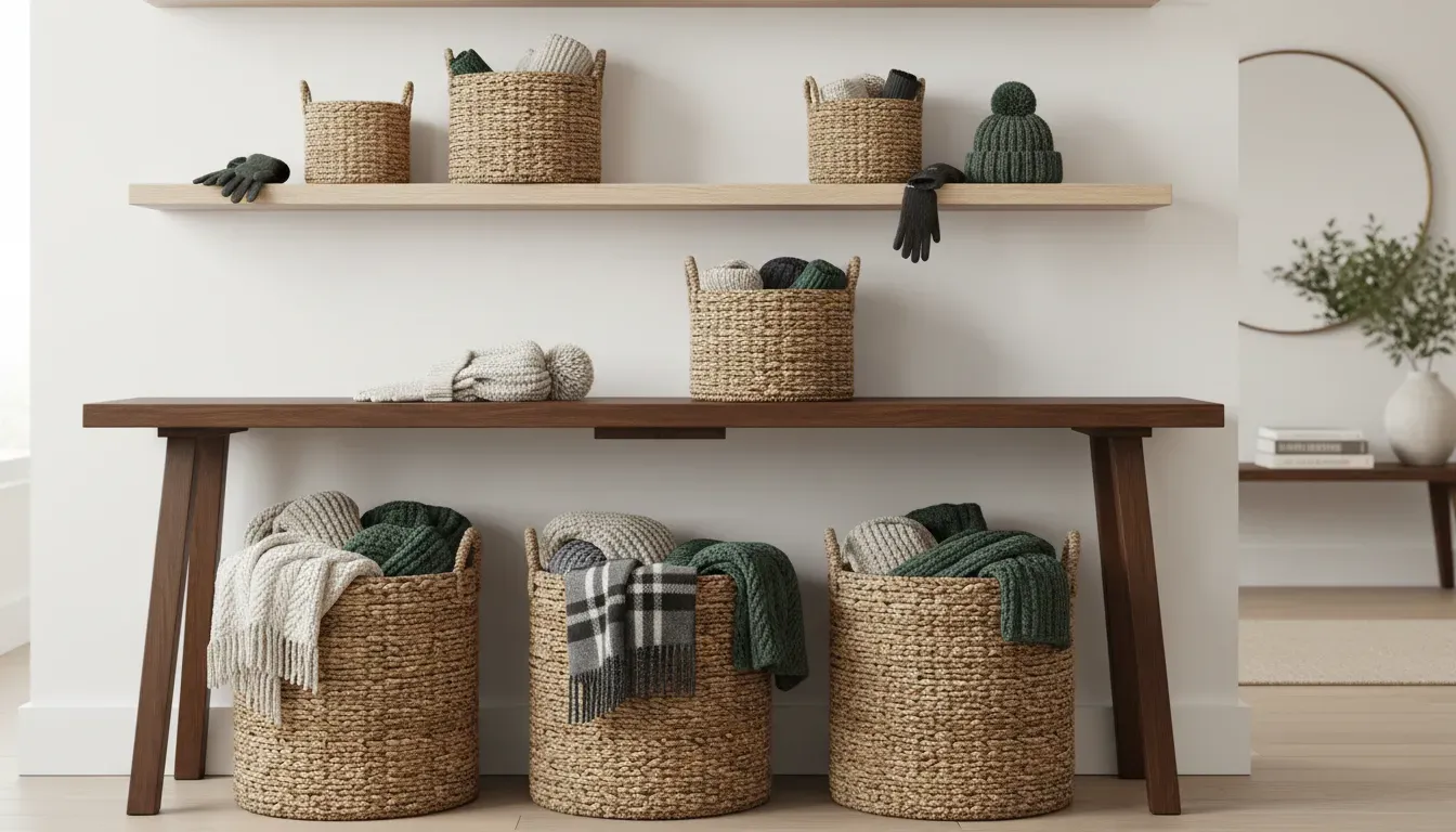Woven baskets placed under a console table and on overhead shelves to organize winter accessories