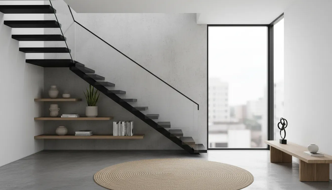 Minimalist loft entryway with open shelving units positioned under a floating metal staircase