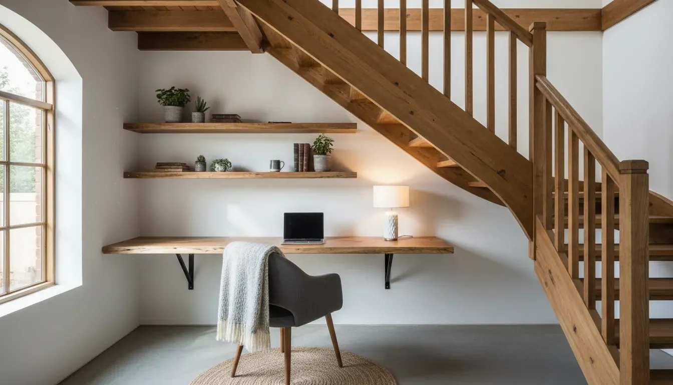 A cozy workspace tucked under a wooden staircase with a floating desk and overhead shelves