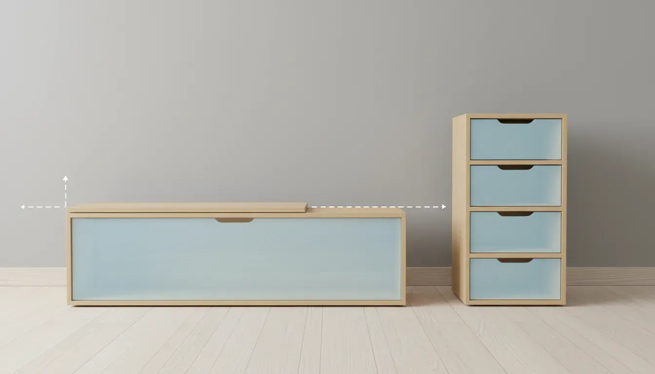 A cross-section diagram showing the internal volume of a lift-top bench compared to a drawer unit