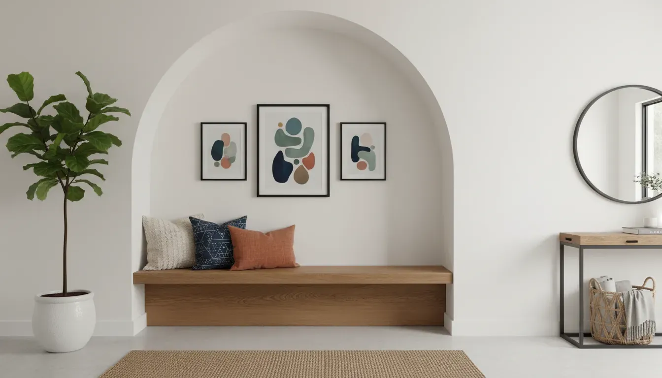 A stylishly decorated entryway with a bench, throw pillows, and wall art