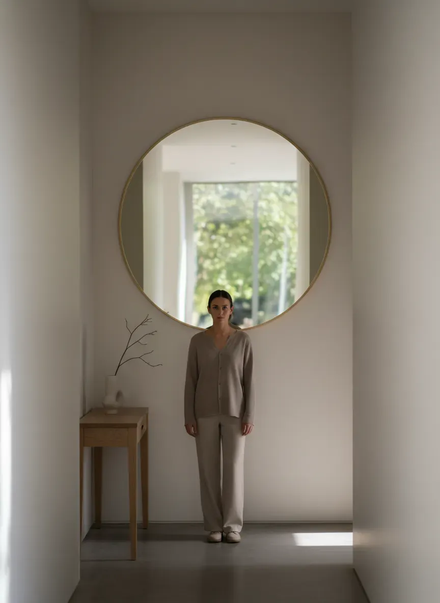 A narrow entryway featuring a large round mirror reflecting natural light to expand the space visually