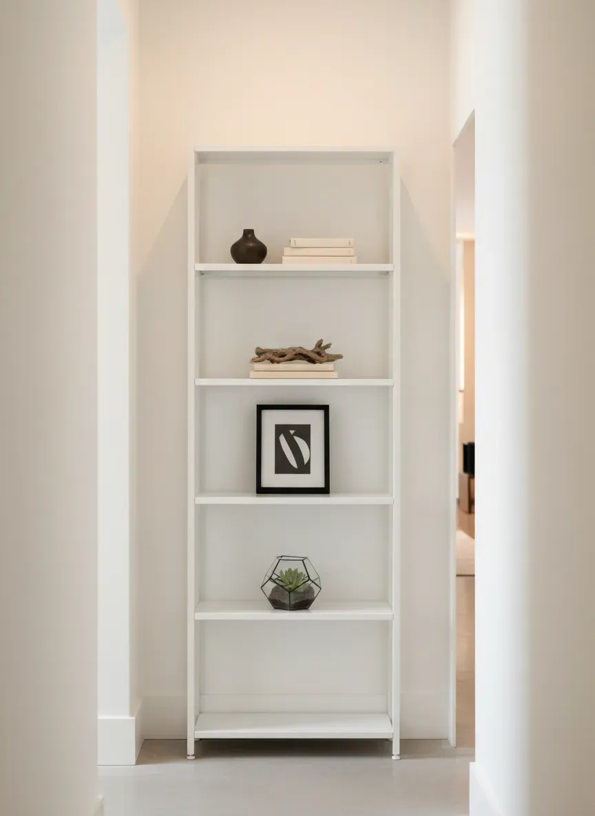 Slim vertical shelving unit in a narrow white hallway