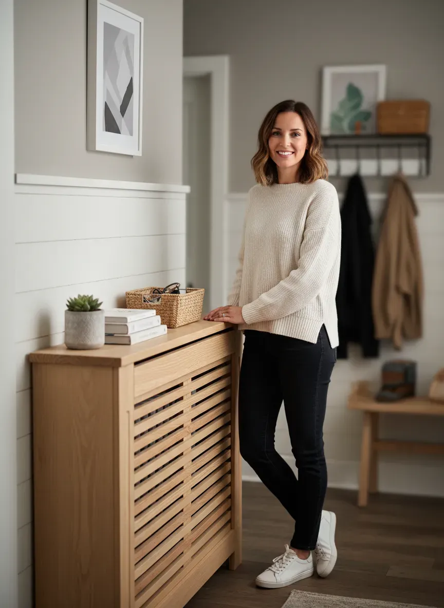 DIY radiator cover with built-in shelf in a narrow entry