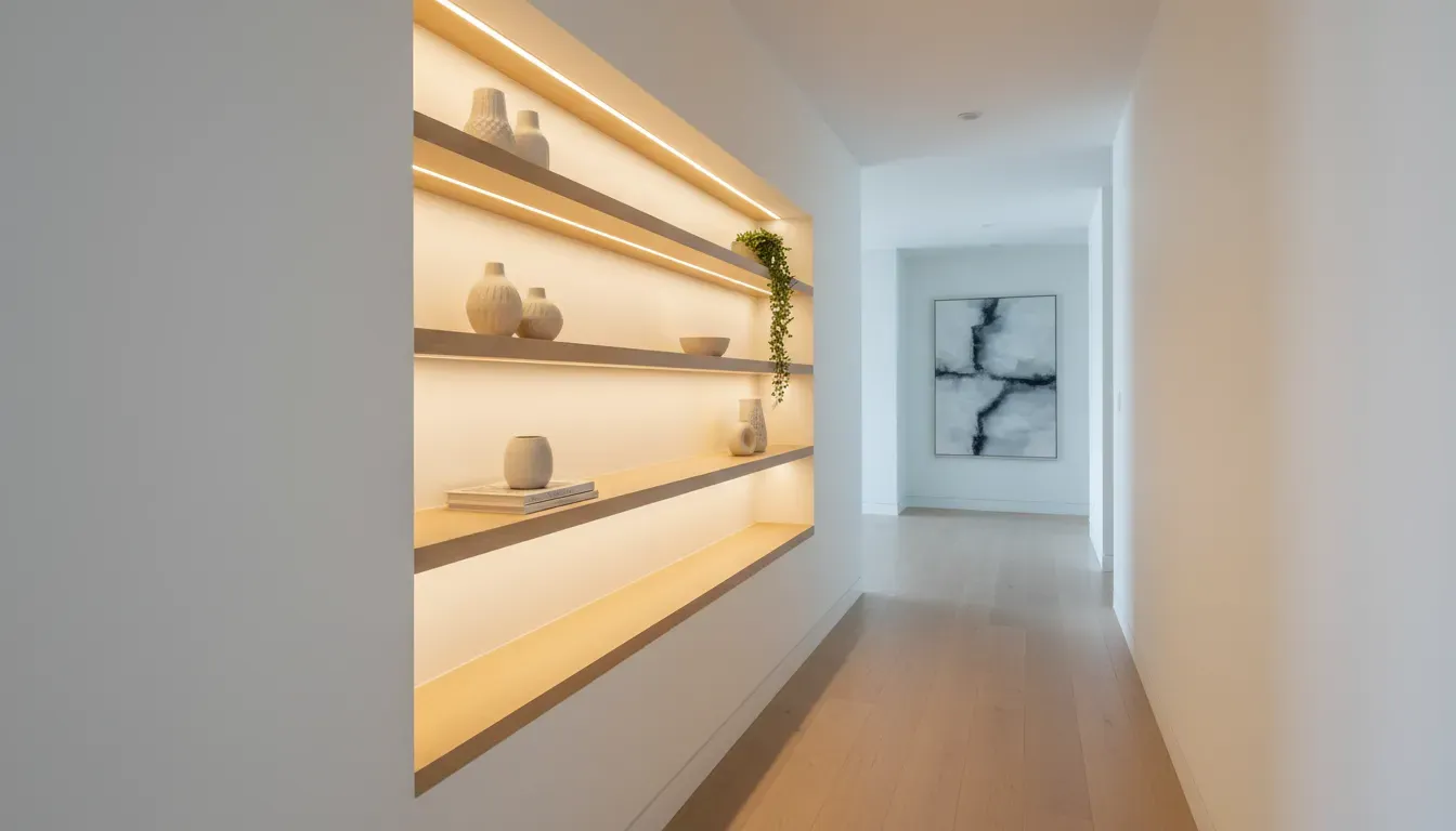 Narrow hallway featuring a recessed wall niche with warm LED strip lighting and floating shelves