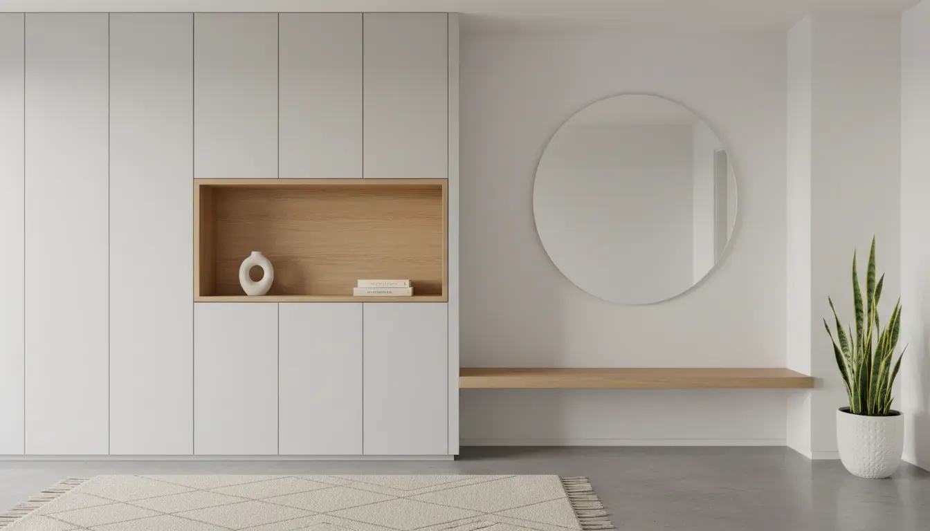 Minimalist entryway with concealed storage cabinets and a built-in oak display niche
