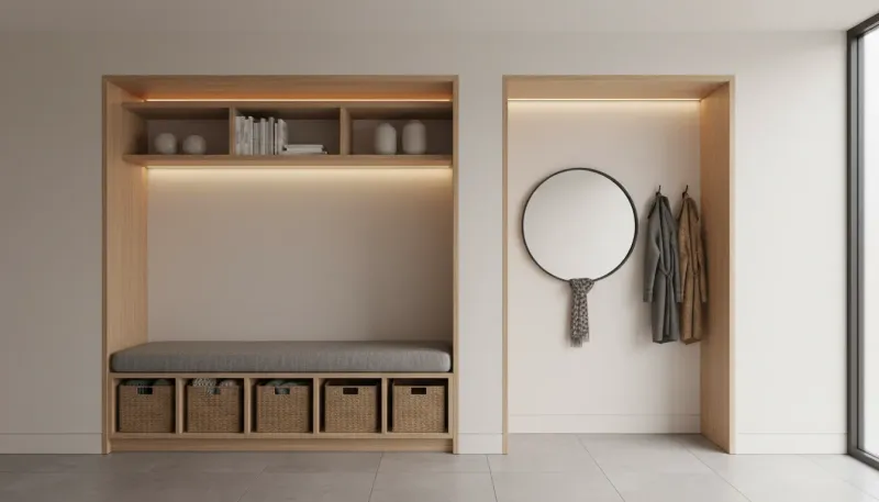 A pristine modern entryway featuring floor-to-ceiling built-in cabinetry and a recessed oak bench niche