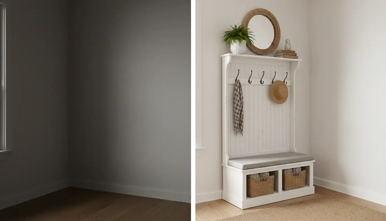 A split comparison image showing an empty, shadowed corner next to the same corner transformed by a white farmhouse style hall tree, illustrating the efficient use of space.