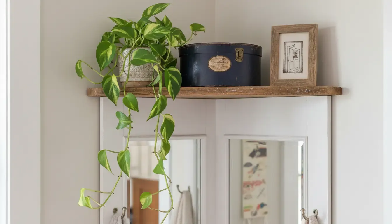 An eye-level view of the top shelf of a corner hall tree styled with a trailing potted plant, a vintage hat box, and a small framed welcome sign.