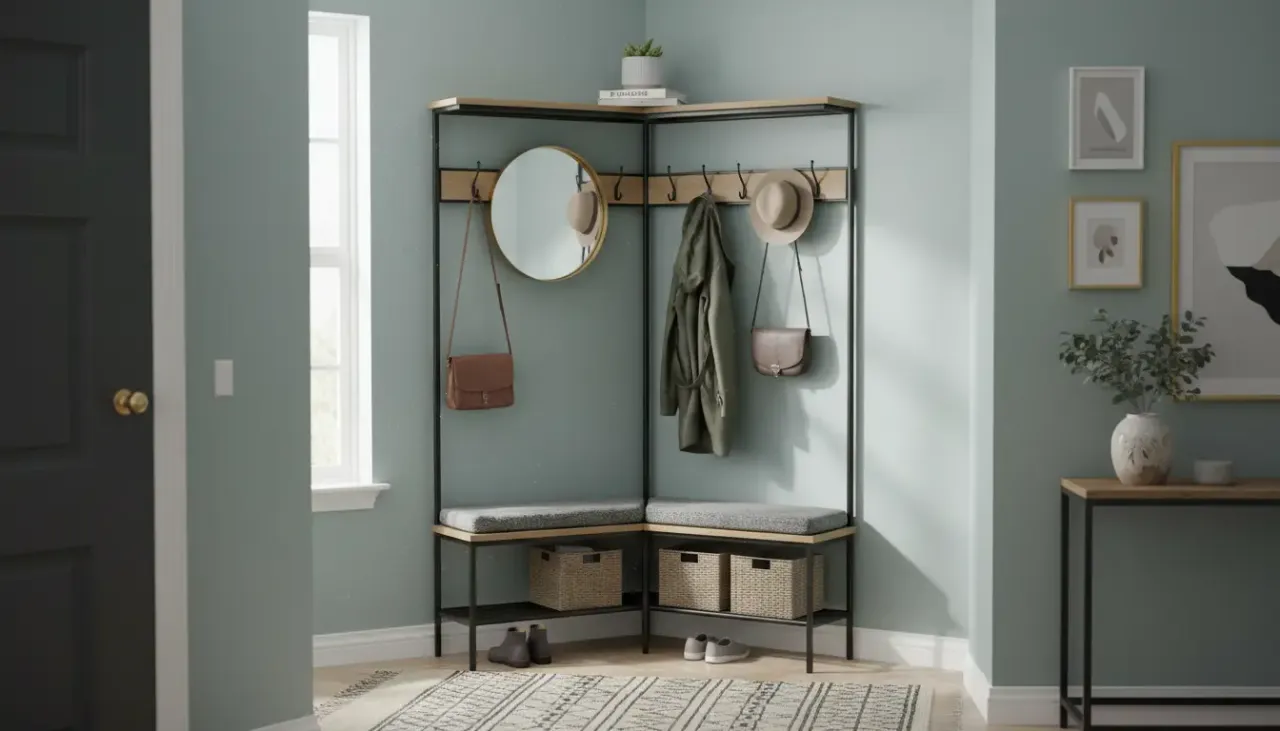 A beautifully styled rustic-industrial corner hall tree sitting in a small, sunlight-filled entryway with coats and woven baskets organized neatly.