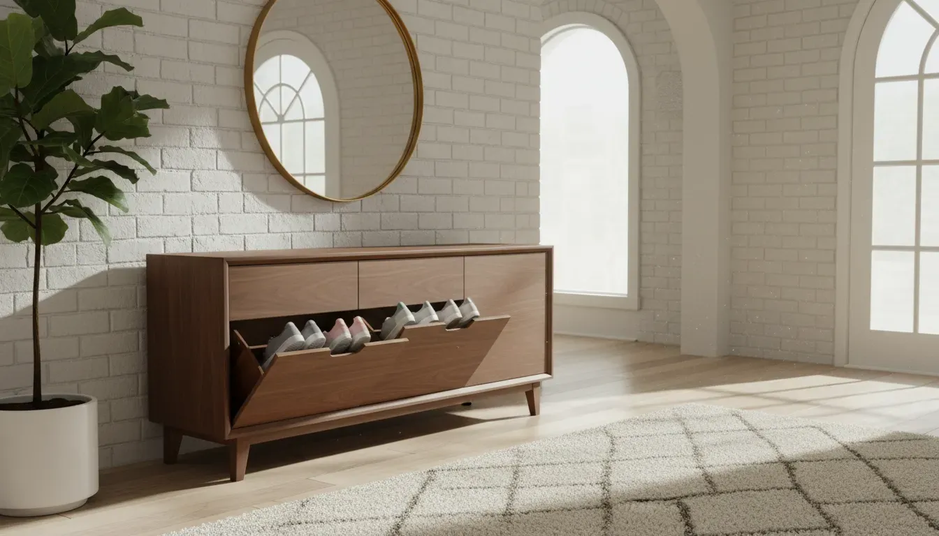 Walnut credenza with hidden tilt-out shoe drawers in a bright foyer