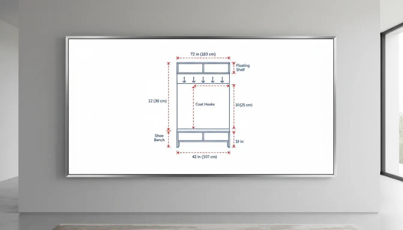 A detailed diagram showing proper spacing and height measurements for mounting entryway organizers