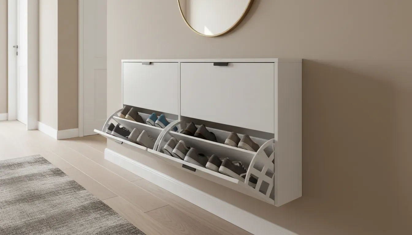 A close-up of a wall-mounted shoe cabinet with tilt-out drawers in a narrow hallway
