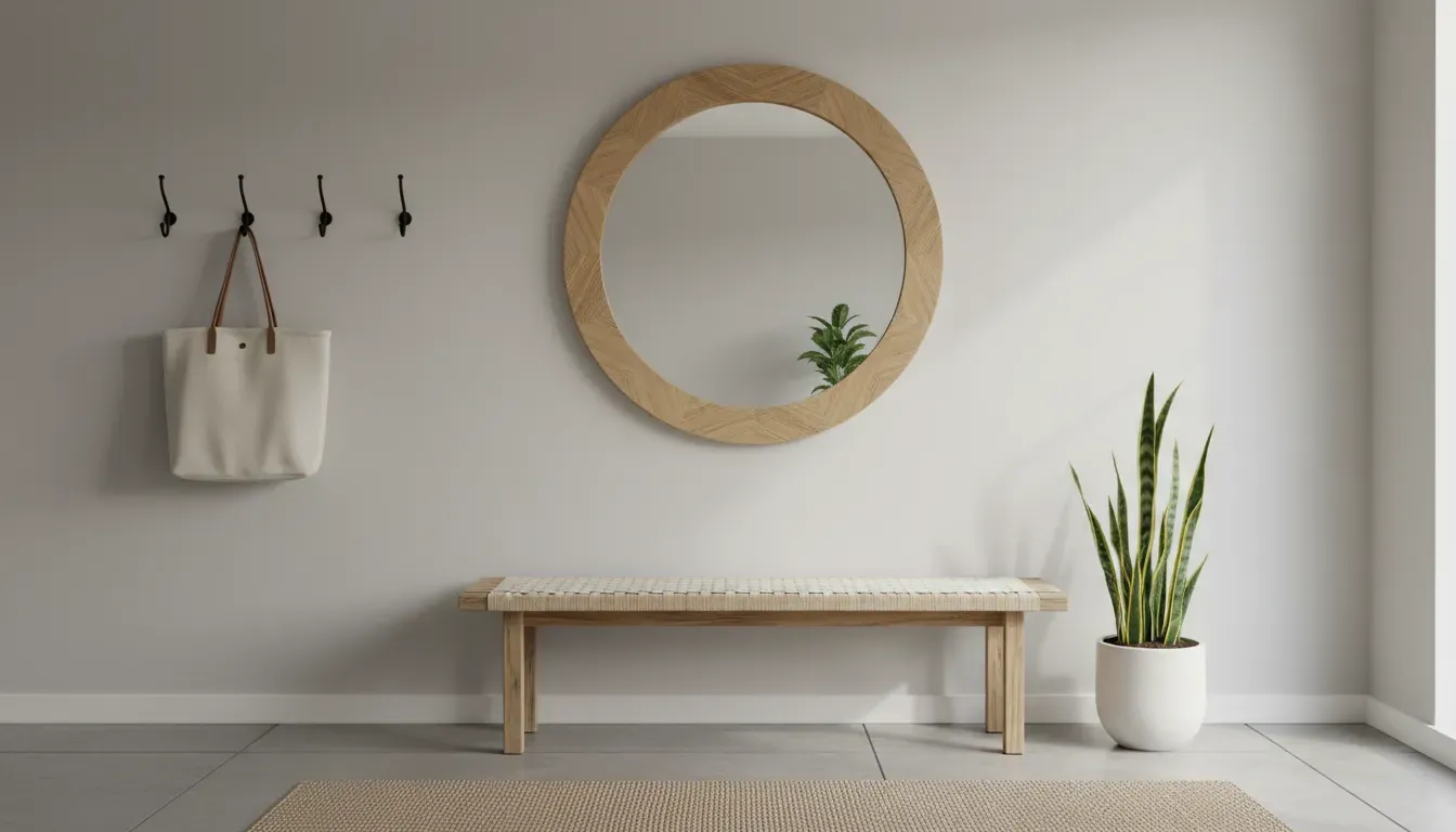 A serene entryway with a round mirror, a wooden bench, and wall hooks holding a single tote bag