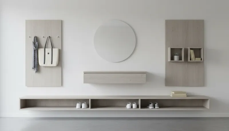 A pristine minimalist entryway featuring a floating wooden console and matte black wall hooks against a white wall