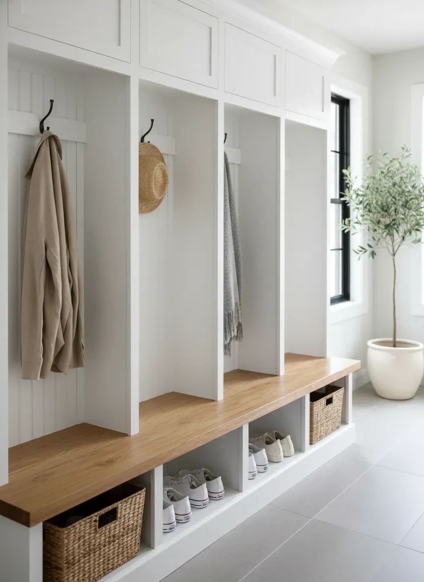 Clean white mudroom cubbies with natural wood bench top