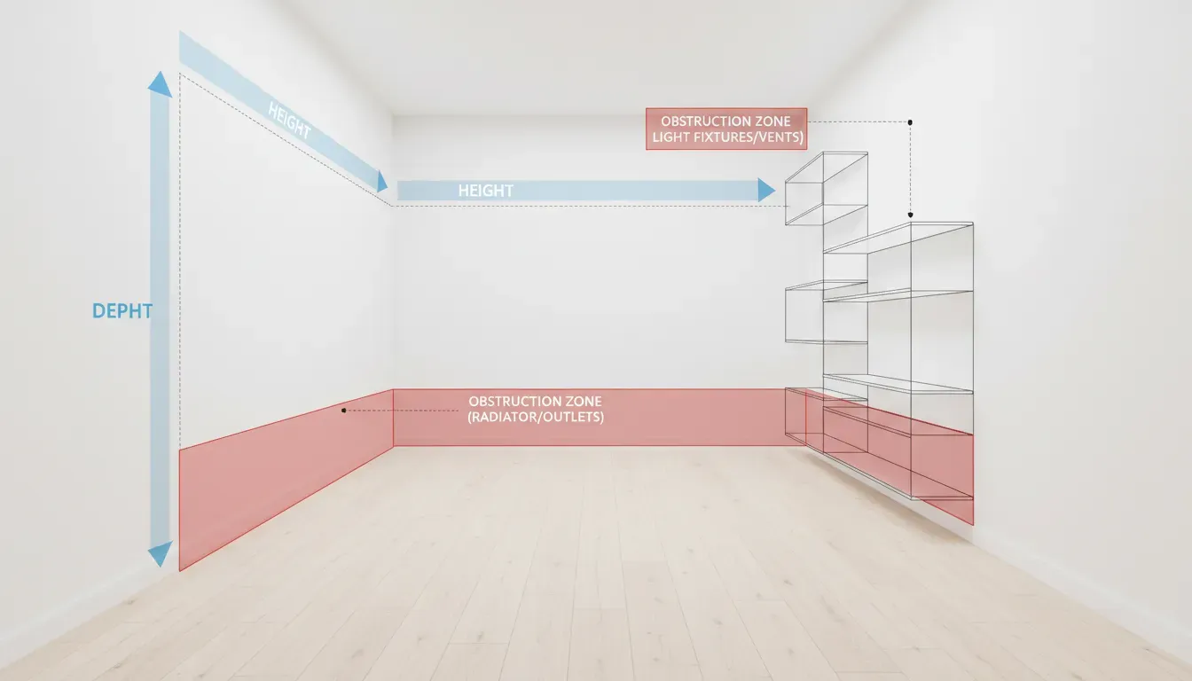A diagram showing how to measure a small hallway for modular storage, highlighting depth, height, and obstruction zones