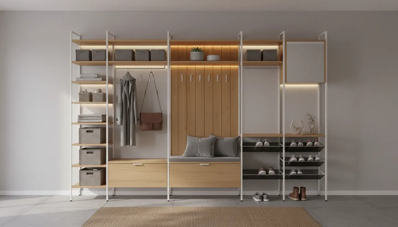 A sleek, modern modular entryway storage system featuring floating shelves, hooks, and a bench in a narrow hallway.