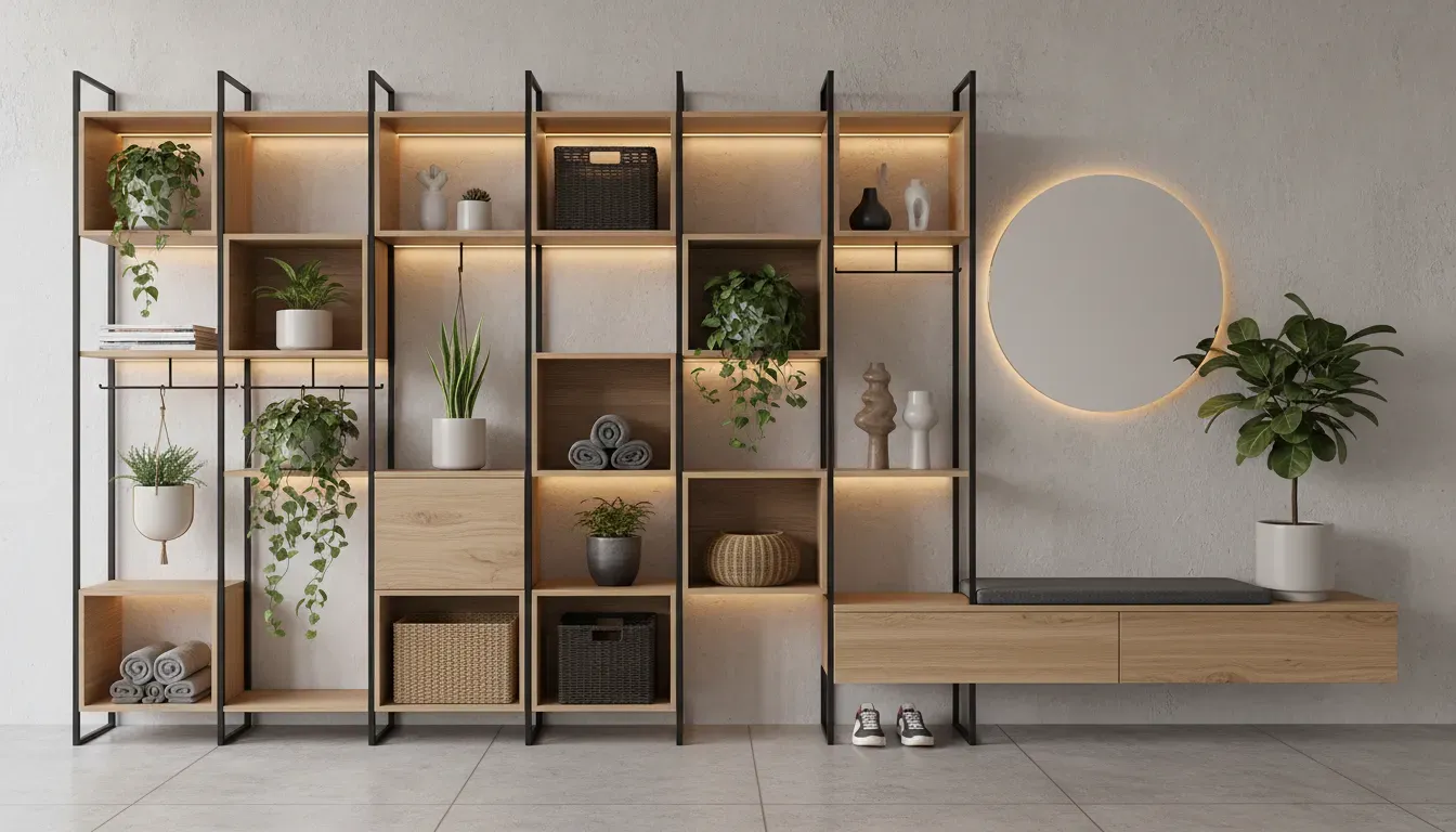 A stylish entryway with a modular system that includes plants lighting and decorative baskets integrated into the shelving