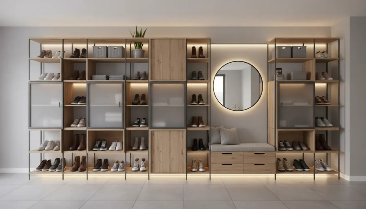 A modern, minimalist entryway featuring a white modular shoe storage system arranged in a stepped pattern against a light grey wall.