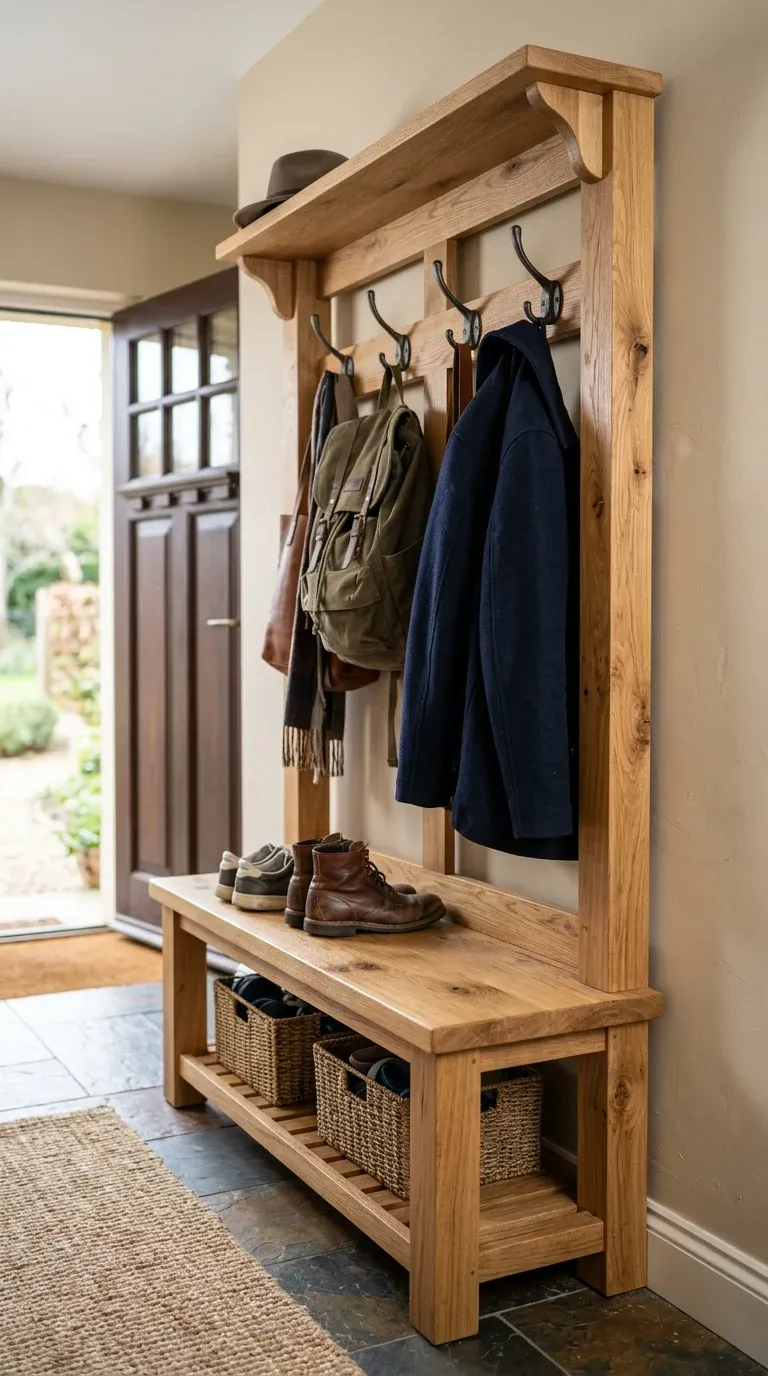 Real-world entryway setup with a natural oak hall tree and mudroom bench under load