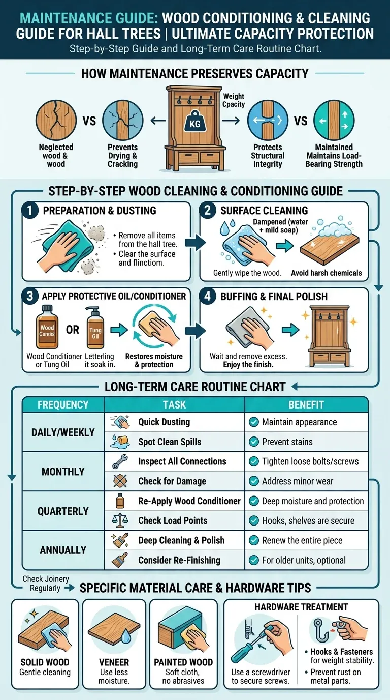 Step-by-step maintenance checklist for tightening fasteners and conditioning an entryway hall tree