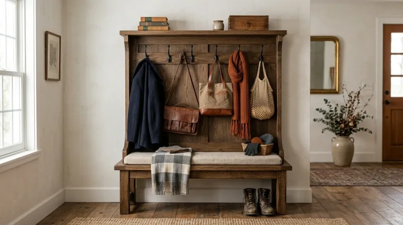 Solid oak entryway bench and hook unit loaded with coats and shoes, showing real-world loads on a secured hall tree