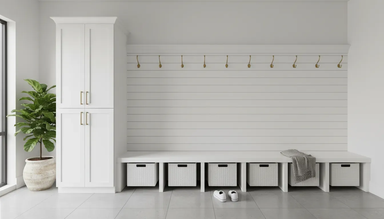 Modern white mudroom with built-in bench and brass hooks