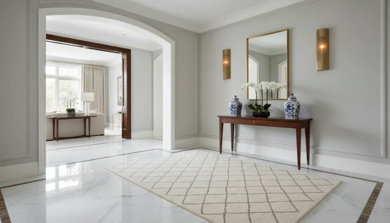 Elegant formal entryway with marble floors and a slim wooden console table