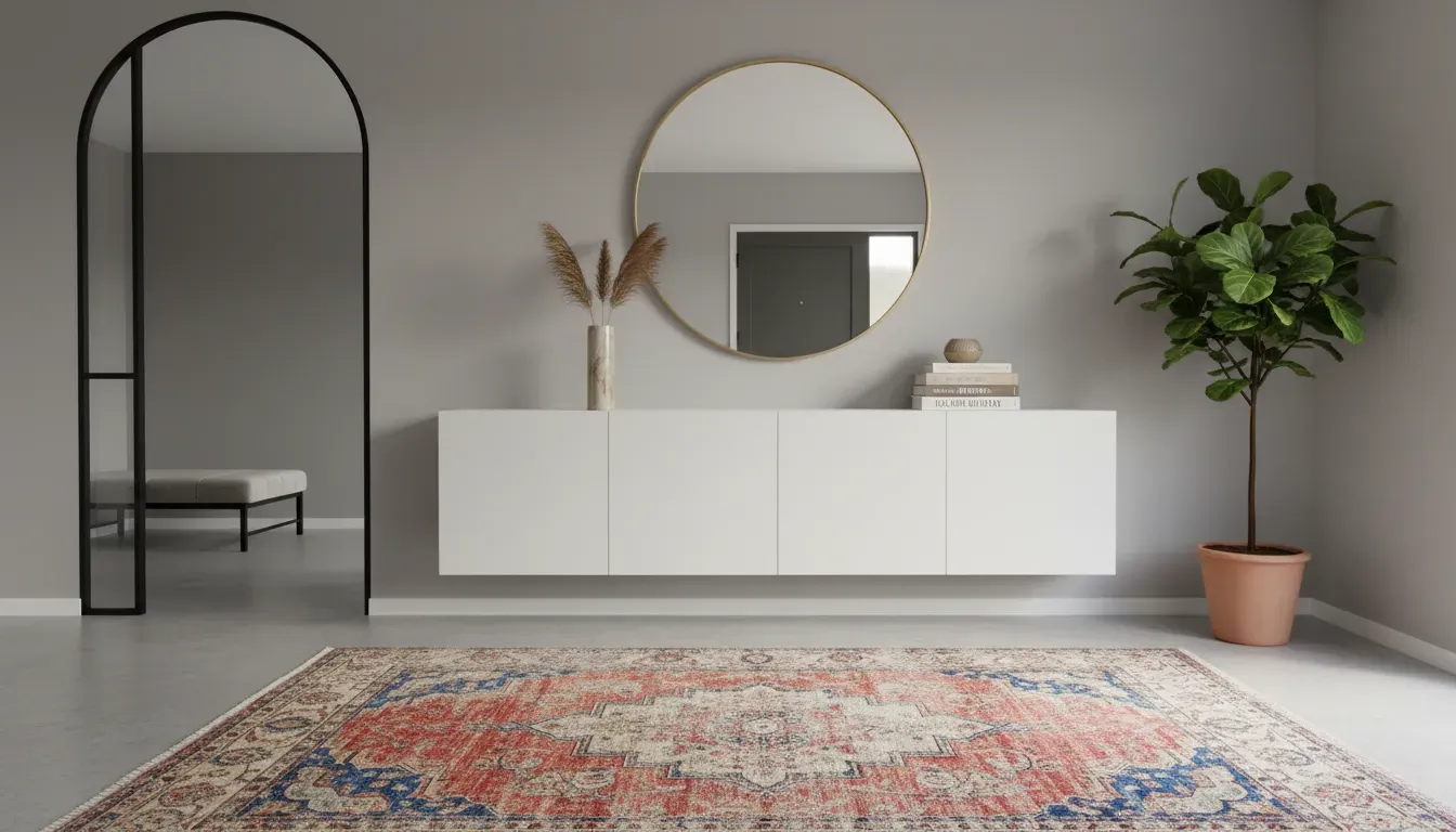 Hybrid entryway featuring a vintage rug and a sleek white cabinet