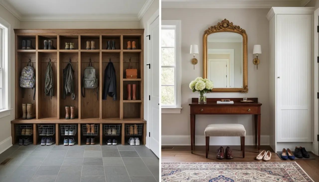 A split view comparison showing a rugged mudroom with cubbies on the left and an elegant formal entryway with a console table on the right