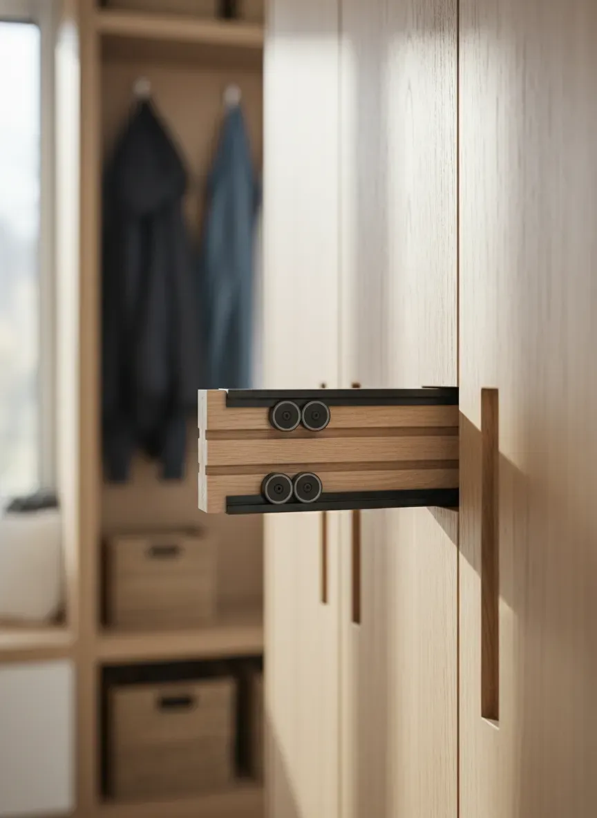 Close up of tambour door hardware sliding seamlessly on a slim mudroom locker