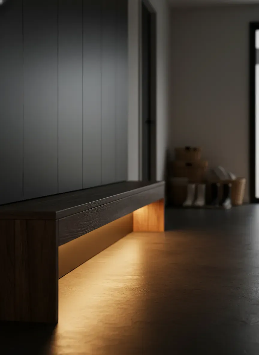 Warm LED lighting illuminating the underside of a narrow mudroom locker bench in a dark hallway