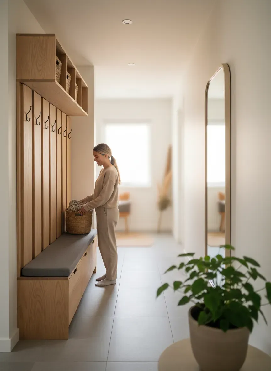 Slim narrow mudroom with a wall-mounted bench and hooks keeping the corridor clear